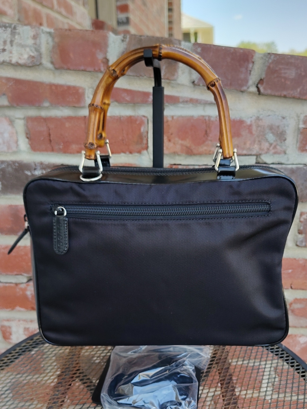 Vintage Gucci Nylon Patent Leather Bamboo Handle Black Handbag Bag Classic 90s